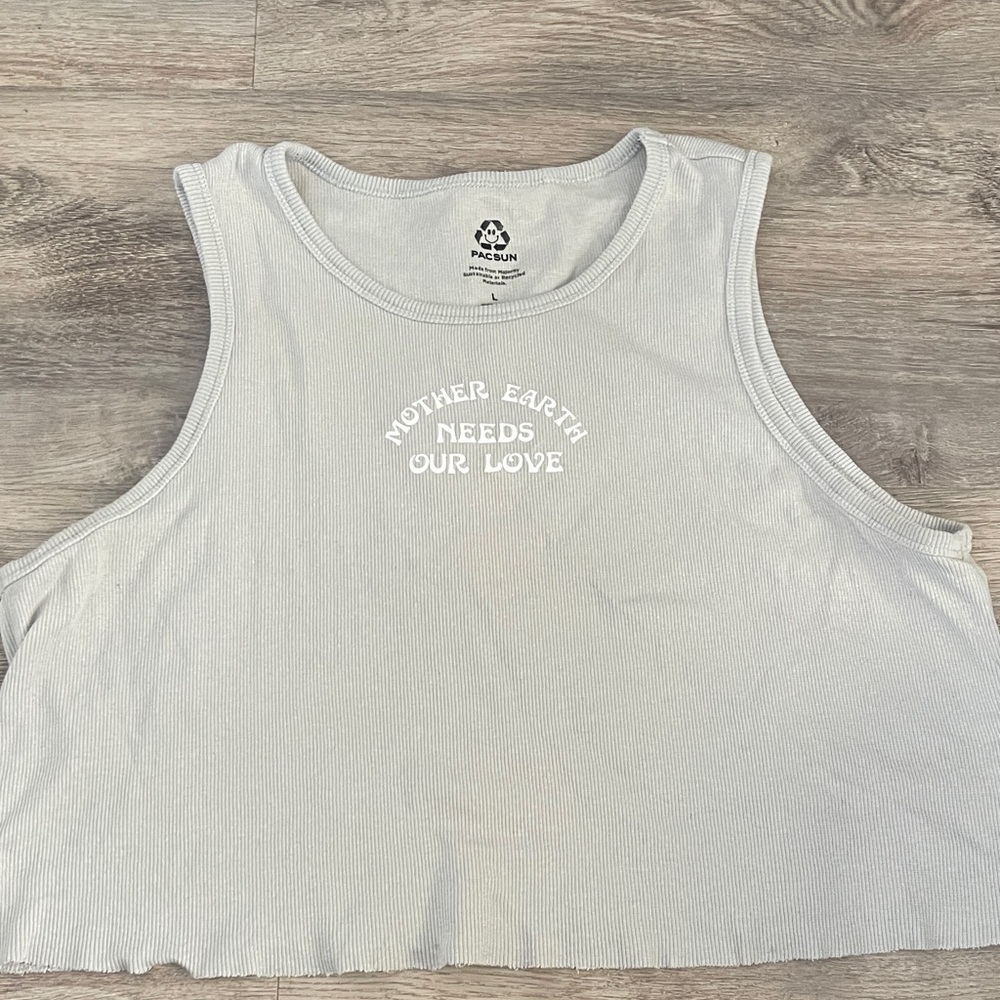 PacSun Light Gray Ribbed Cropped Tank with White Earth Graphic